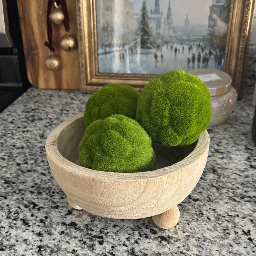 Natural Wood Bowl with Green Moss Balls